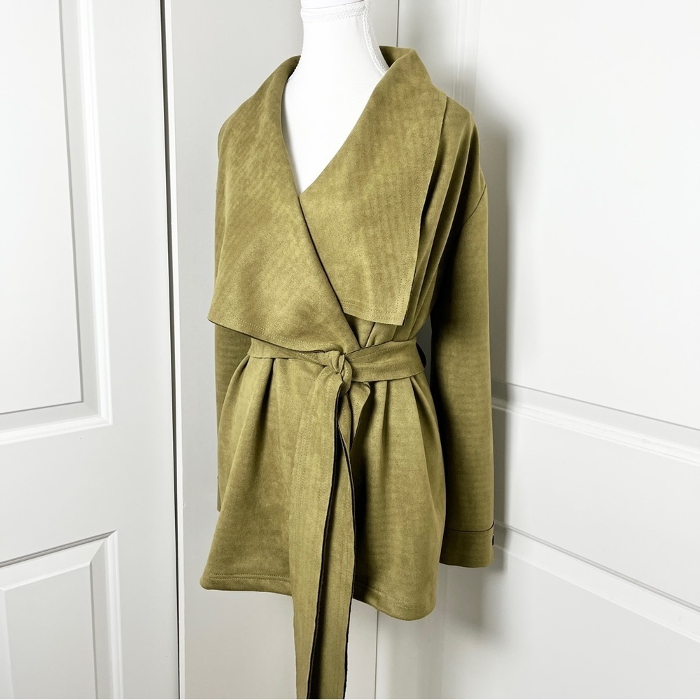 NWT Olive Suede-Like Waterfall Cardigan Tie Waist Chic Boho Wrap F/S